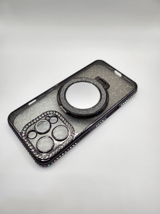 Coque iPhone Pailletée avec Support Anneau et Miroir – Effet Transparent