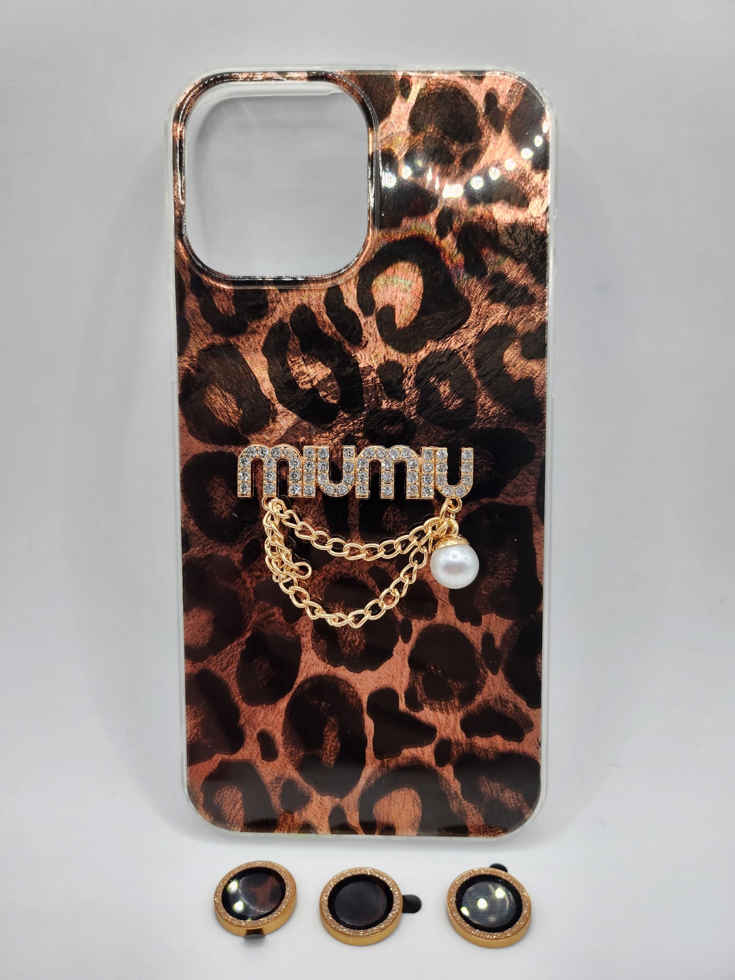 Coque Léopard Chic avec Chaîne & Perle – Protection Élégante avec Bague Caméra