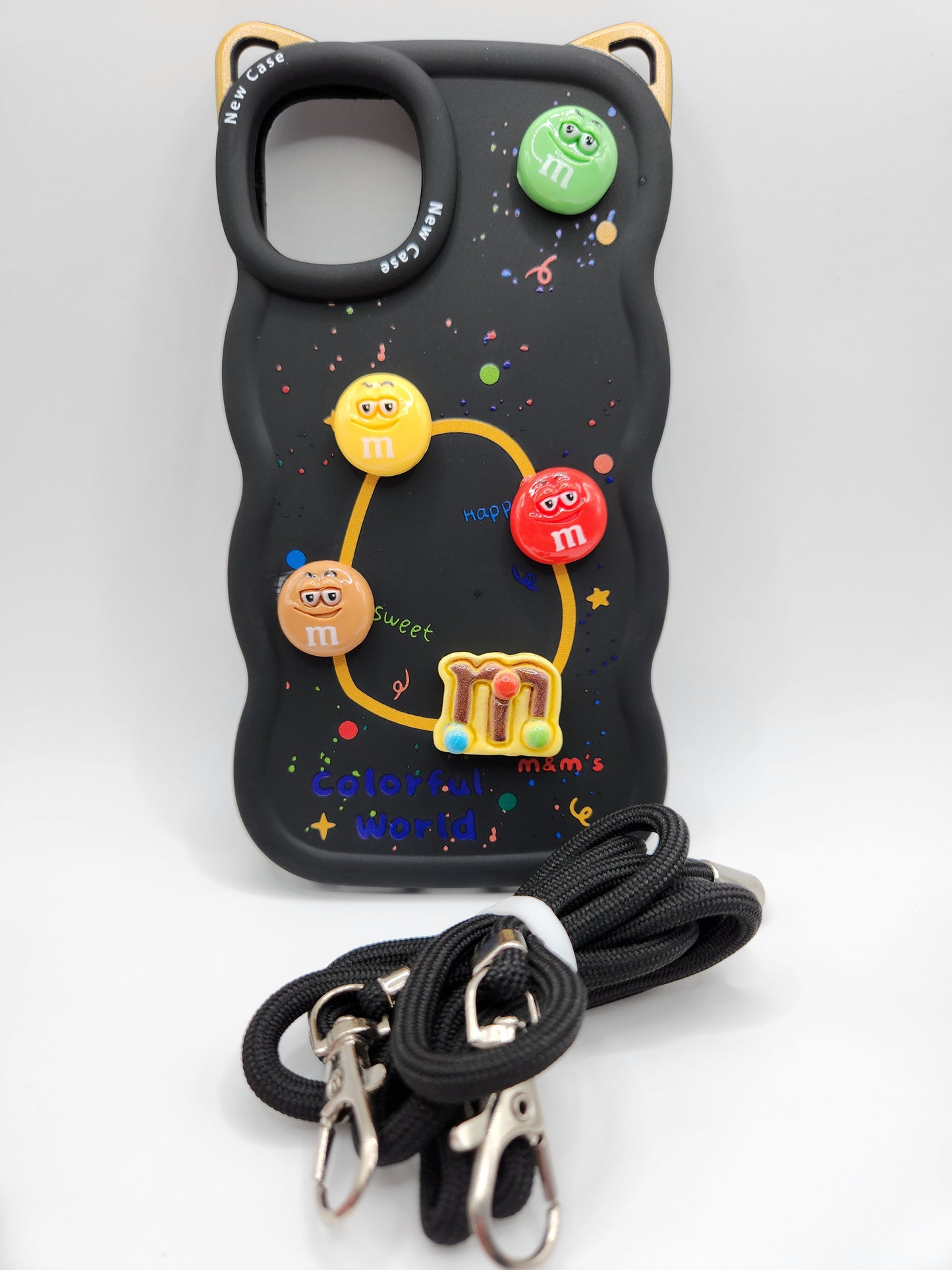 Coque M&M's Colorée avec Cordon – "Colorful World" Noire