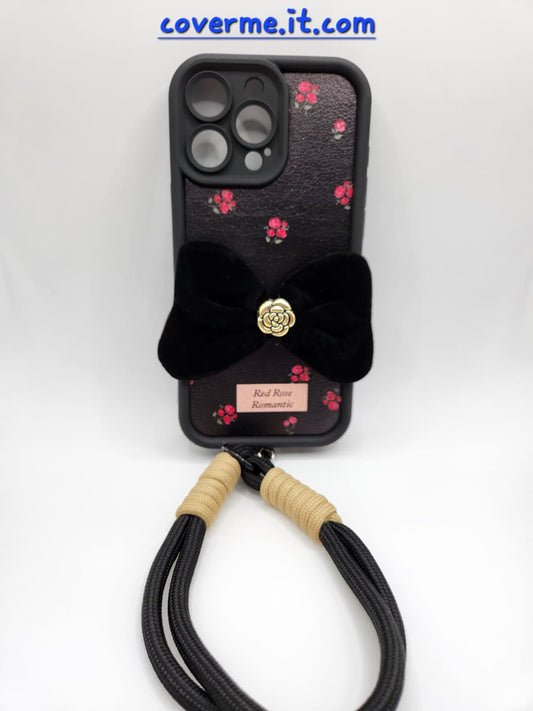 🌹Coque iPhone « Red Rose Romantic » – Élégance florale avec nœud en velours et lanière chic compatible iphone 14 pro max