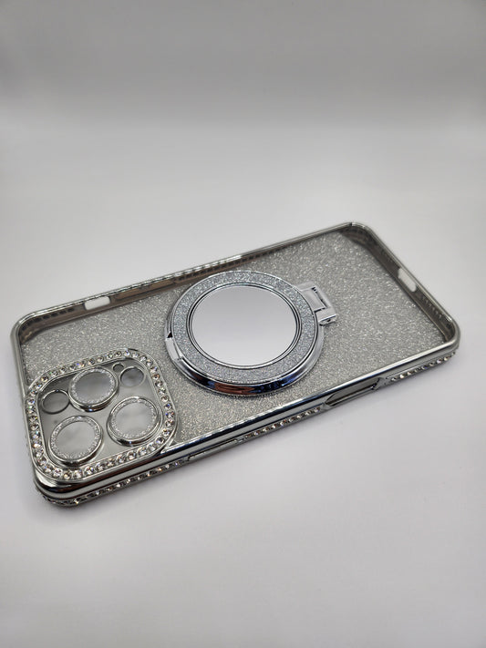 Coque iPhone Pailletée avec Support Anneau et Miroir – Effet Transparent