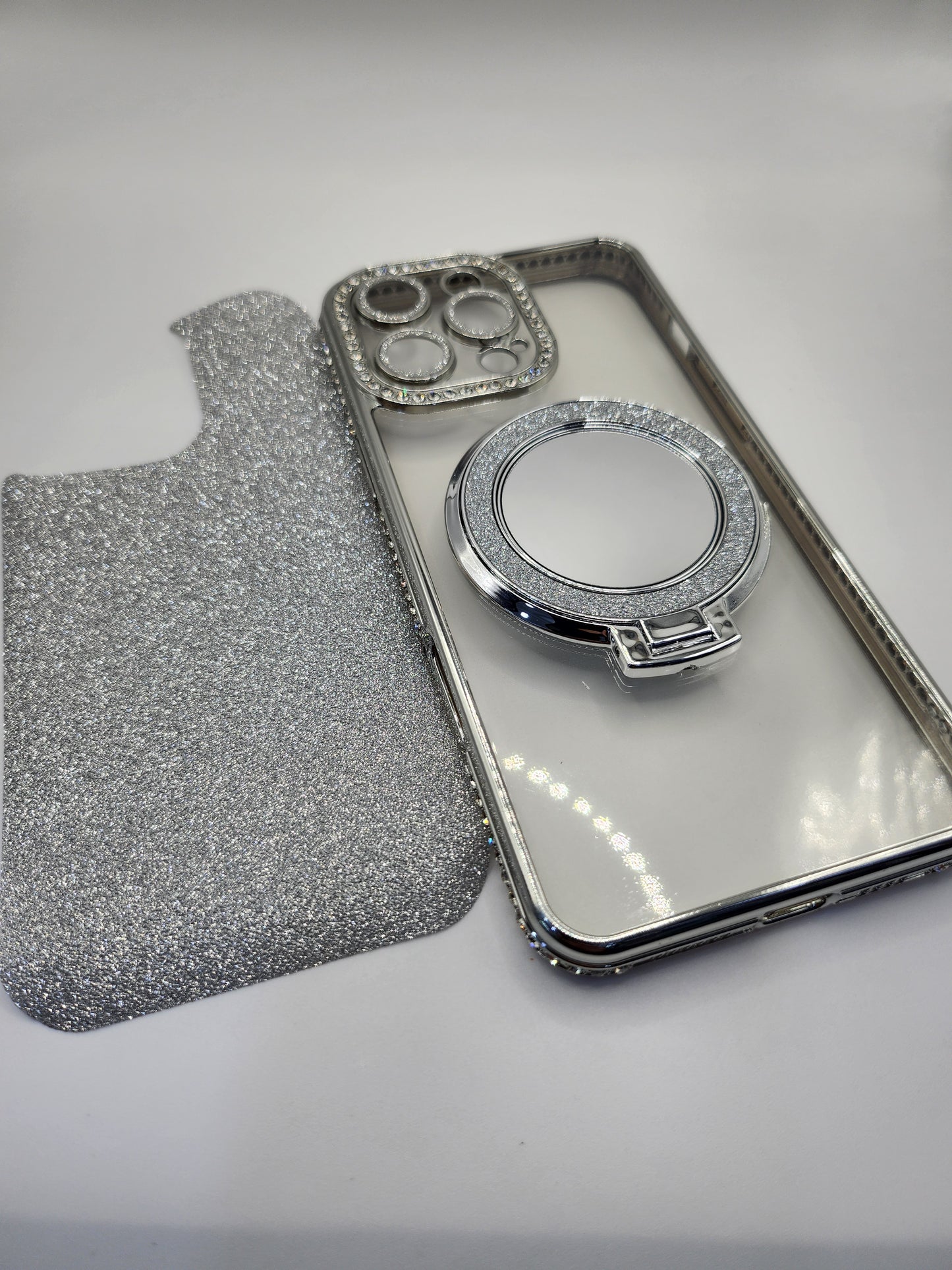 Coque iPhone Pailletée avec Support Anneau et Miroir – Effet Transparent