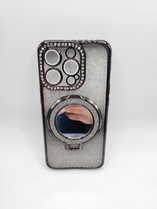 Coque iPhone Pailletée avec Support Anneau et Miroir – Effet Transparent