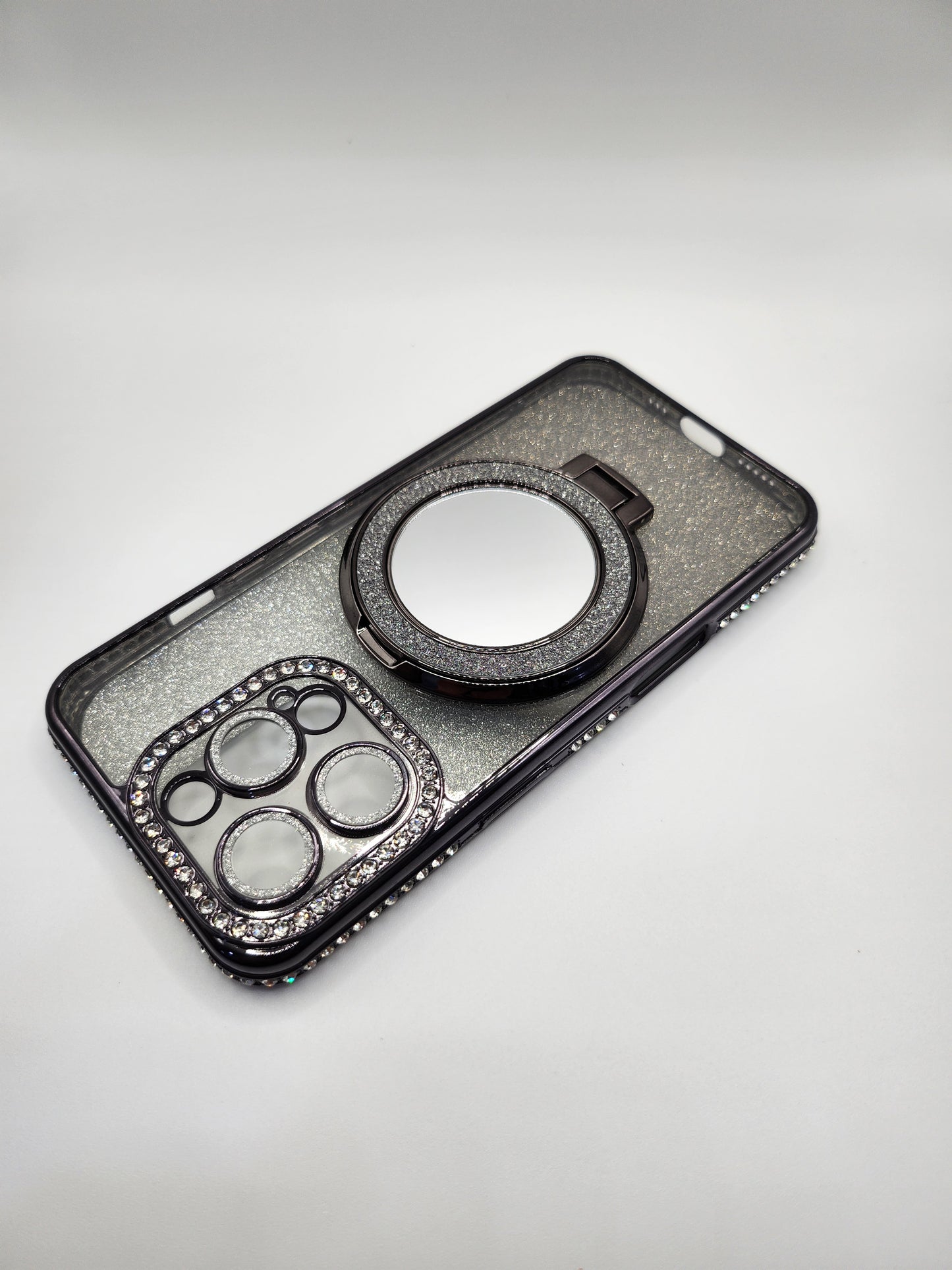 Coque iPhone Pailletée avec Support Anneau et Miroir – Effet Transparent