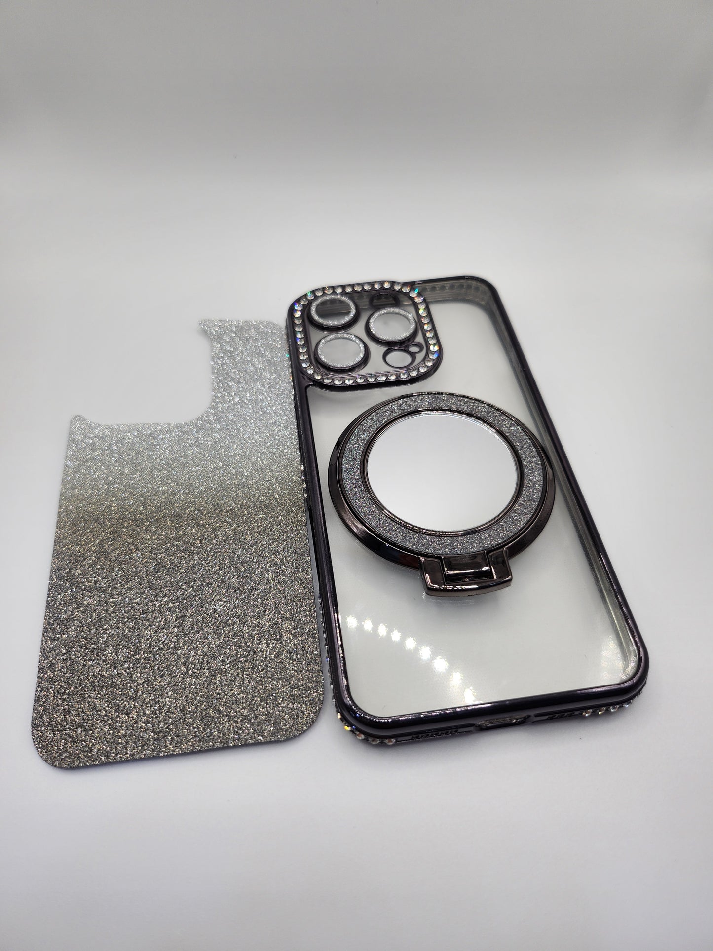 Coque iPhone Pailletée avec Support Anneau et Miroir – Effet Transparent