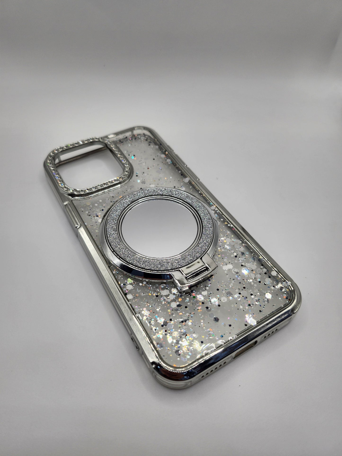 Coque iPhone Pailletée avec Support Anneau et Miroir – Effet Transparent
