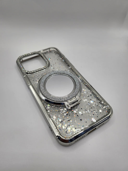 Coque iPhone Pailletée avec Support Anneau et Miroir – Effet Transparent