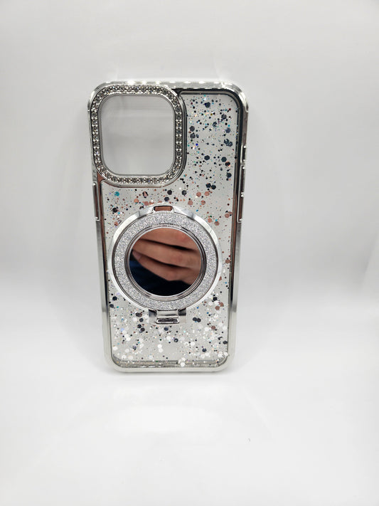 Coque iPhone Pailletée avec Support Anneau et Miroir – Effet Transparent