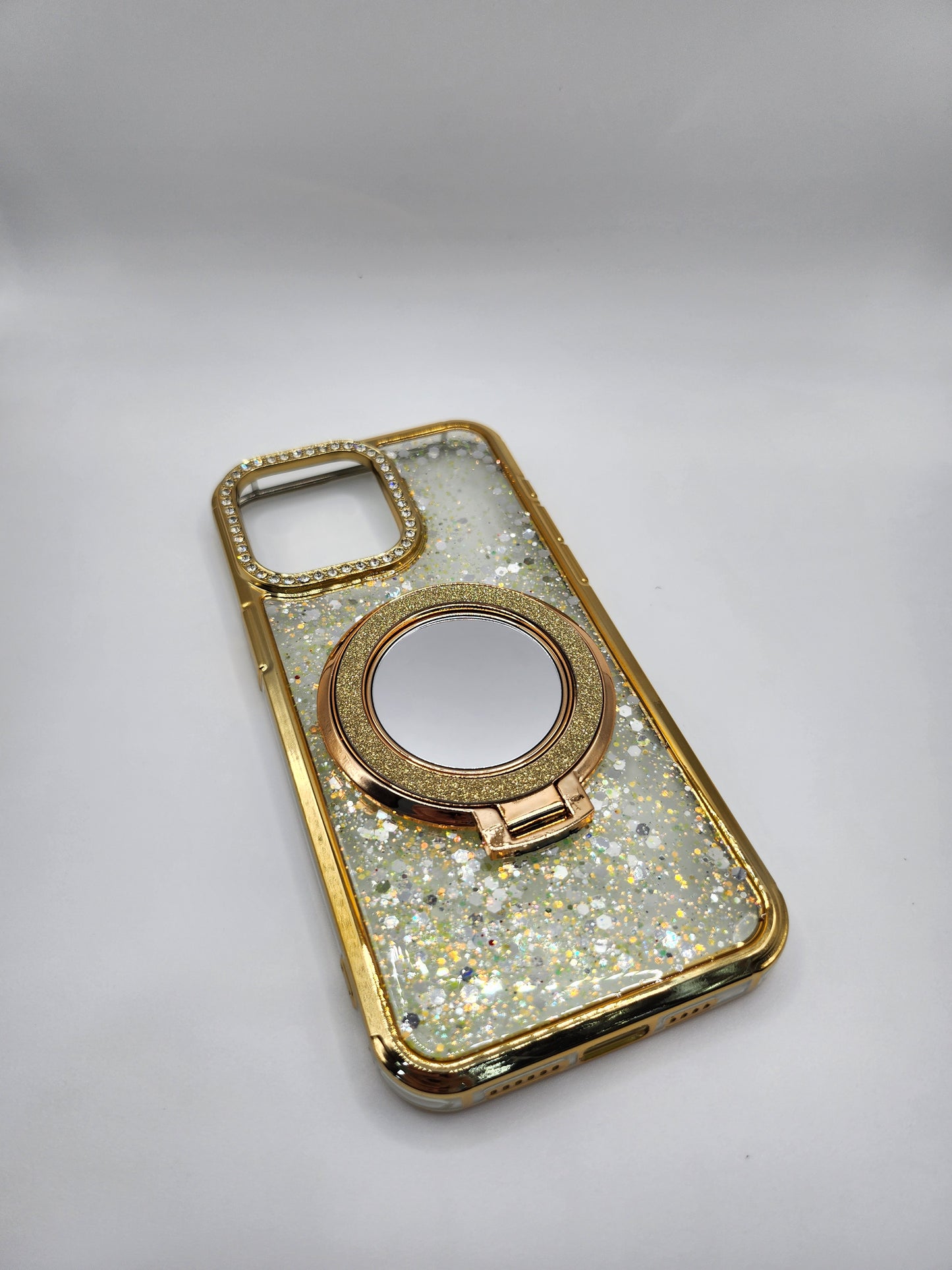 Coque iPhone Pailletée avec Support Anneau et Miroir – Effet Transparent