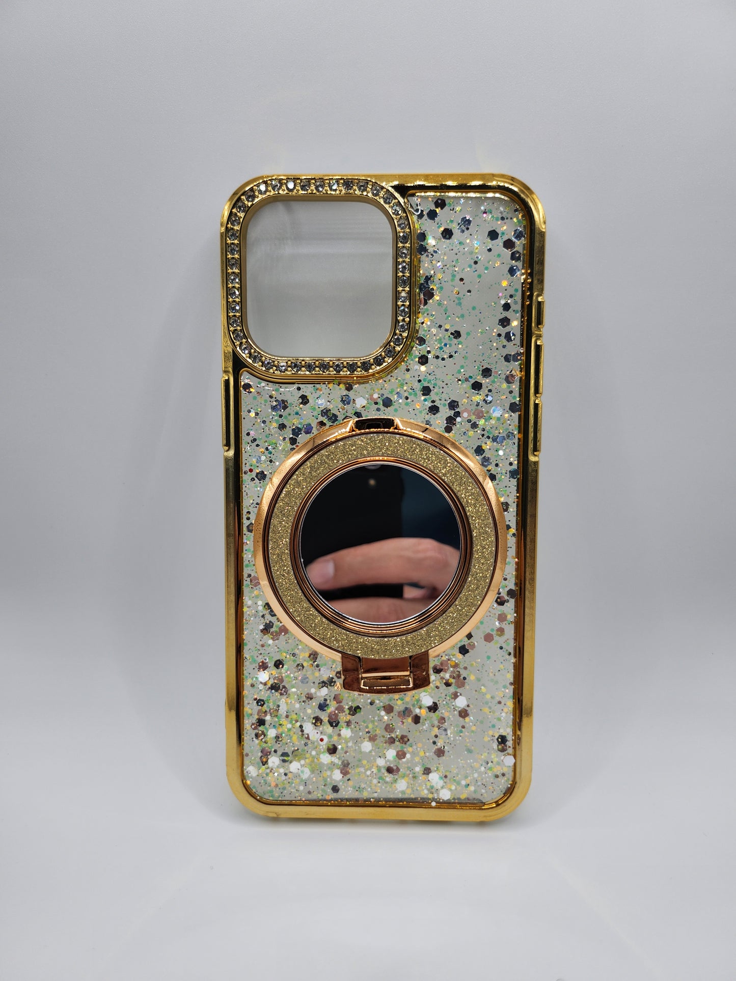 Coque iPhone Pailletée avec Support Anneau et Miroir – Effet Transparent