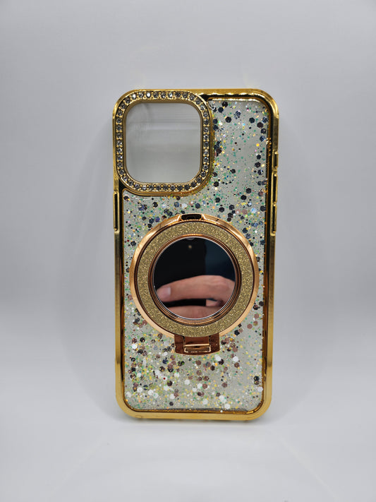 Coque iPhone Pailletée avec Support Anneau et Miroir – Effet Transparent
