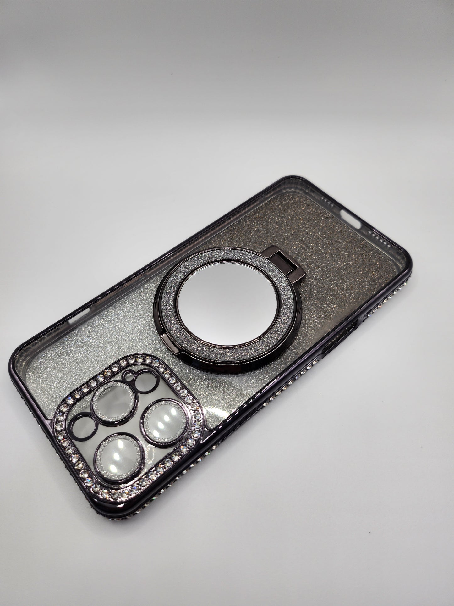 Coque iPhone Pailletée avec Support Anneau et Miroir – Effet Transparent