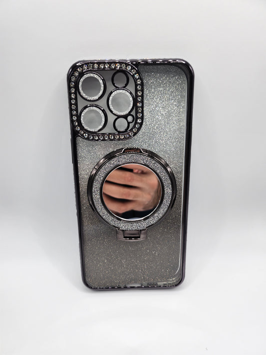 Coque iPhone Pailletée avec Support Anneau et Miroir – Effet Transparent