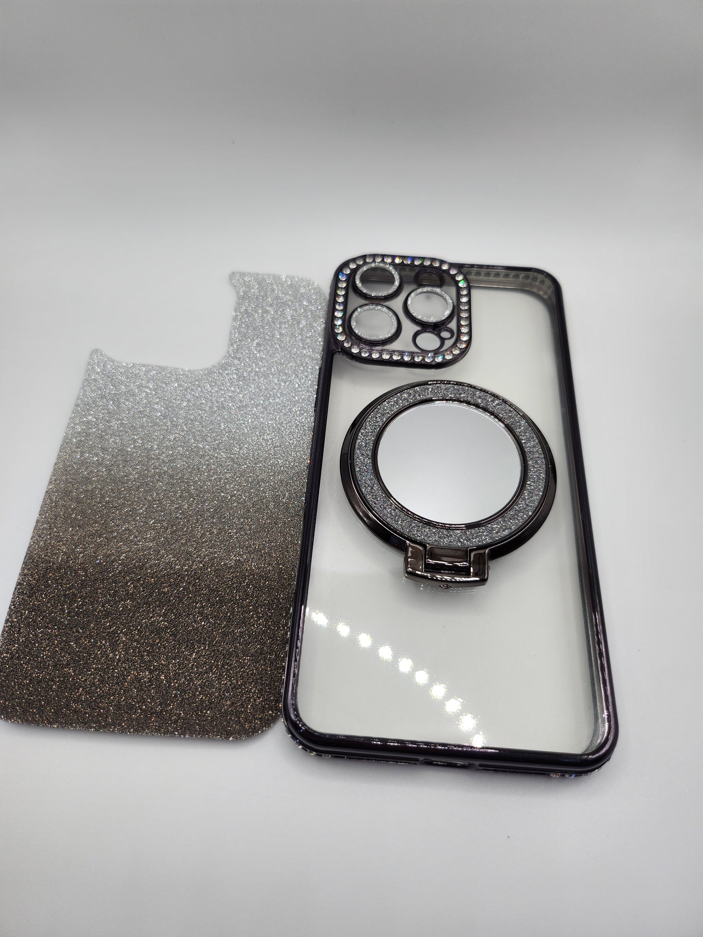 Coque iPhone Pailletée avec Support Anneau et Miroir – Effet Transparent