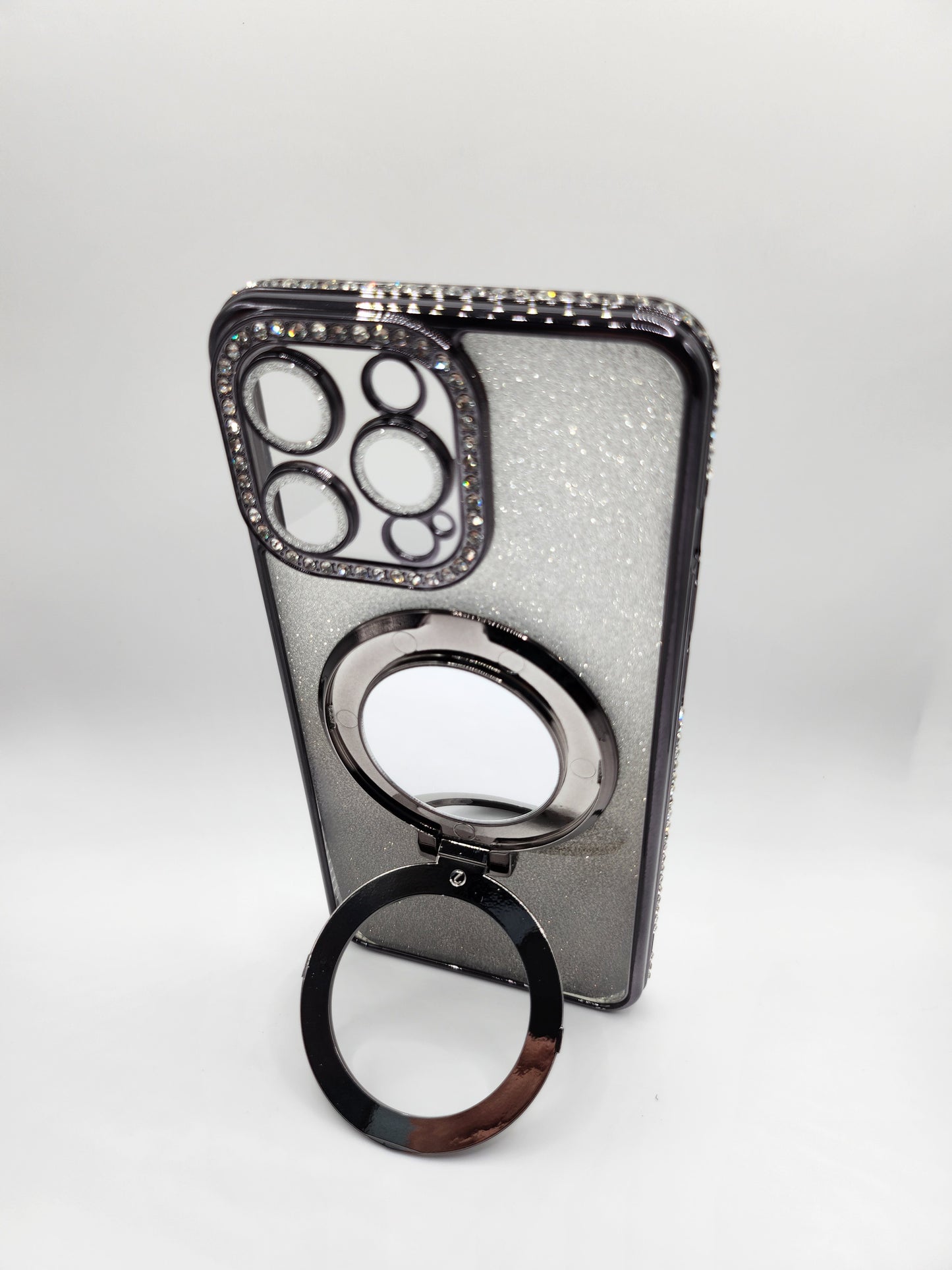 Coque iPhone Pailletée avec Support Anneau et Miroir – Effet Transparent