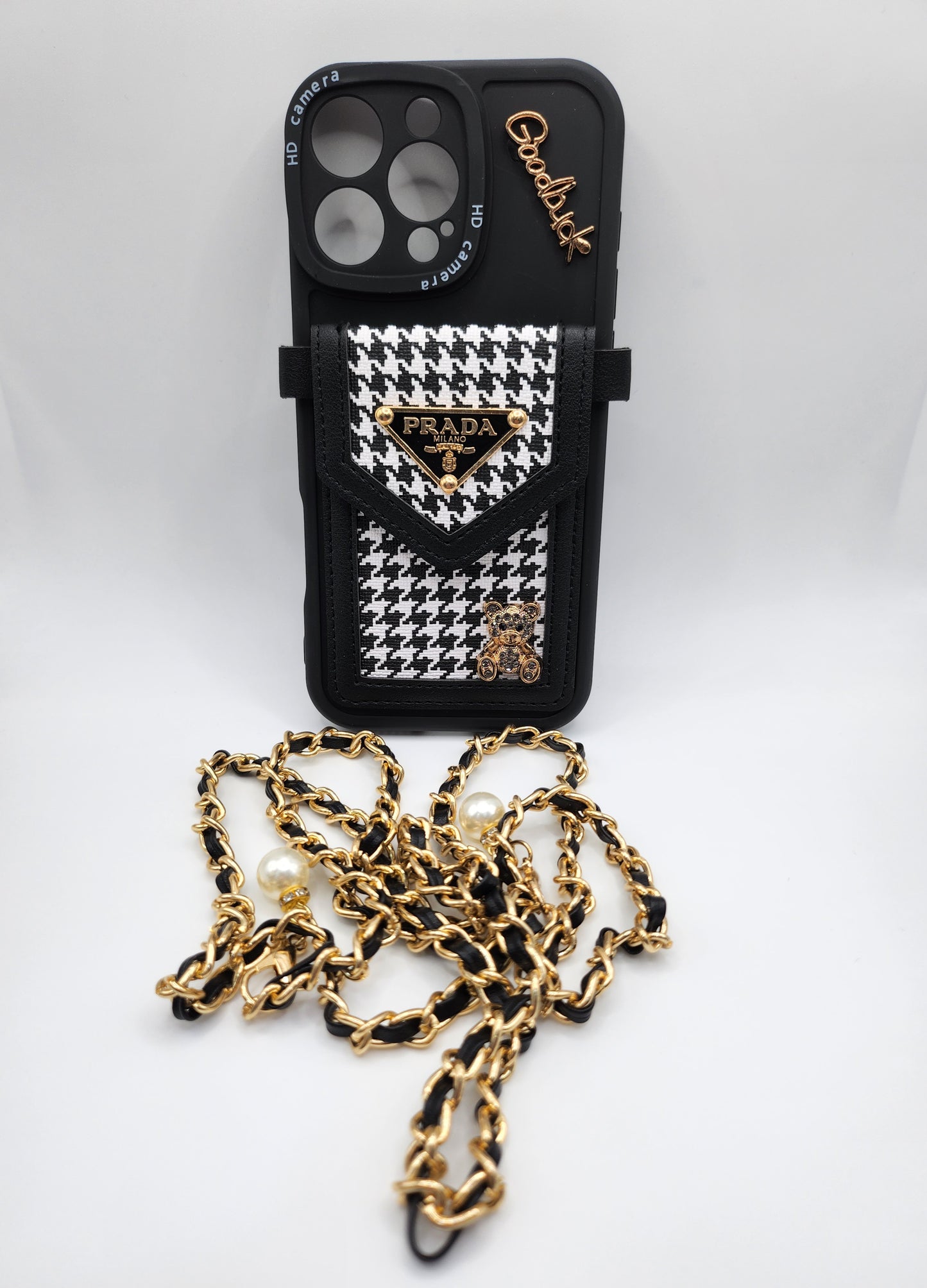 Coque Luxe iPhone avec Pochette Intégrée & Chaîne Dorée – Style Élégant