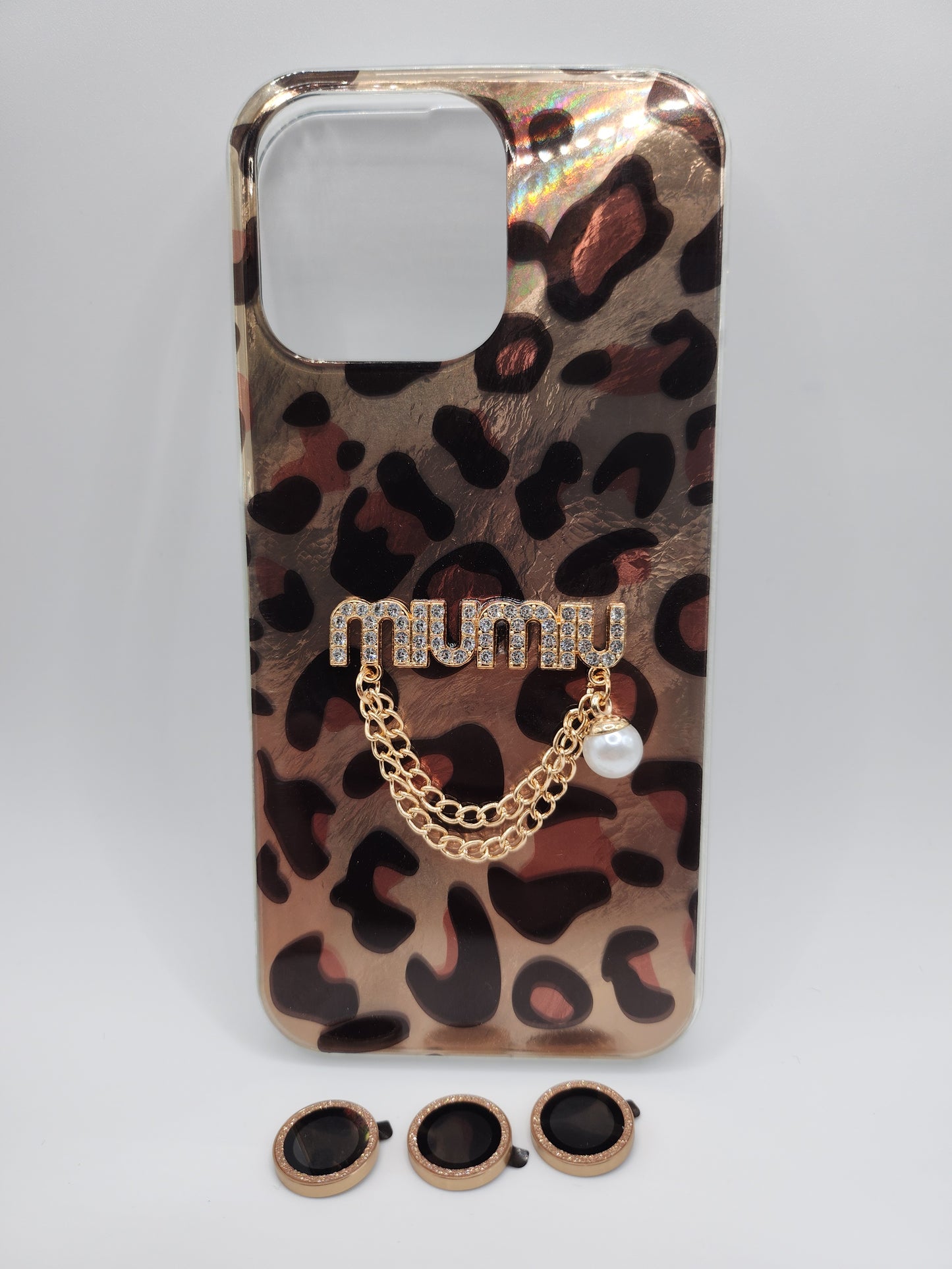 Coque Léopard Chic avec Chaîne & Perle – Protection Élégante avec Bague Caméra