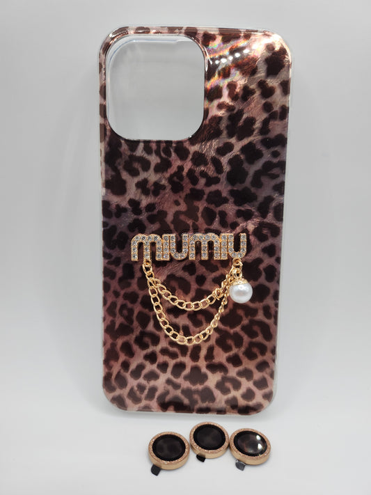 Coque Léopard Chic avec Chaîne & Perle – Protection Élégante avec Bague Caméra