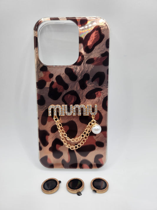 Coque Léopard Chic avec Chaîne & Perle – Protection Élégante avec Bague Caméra