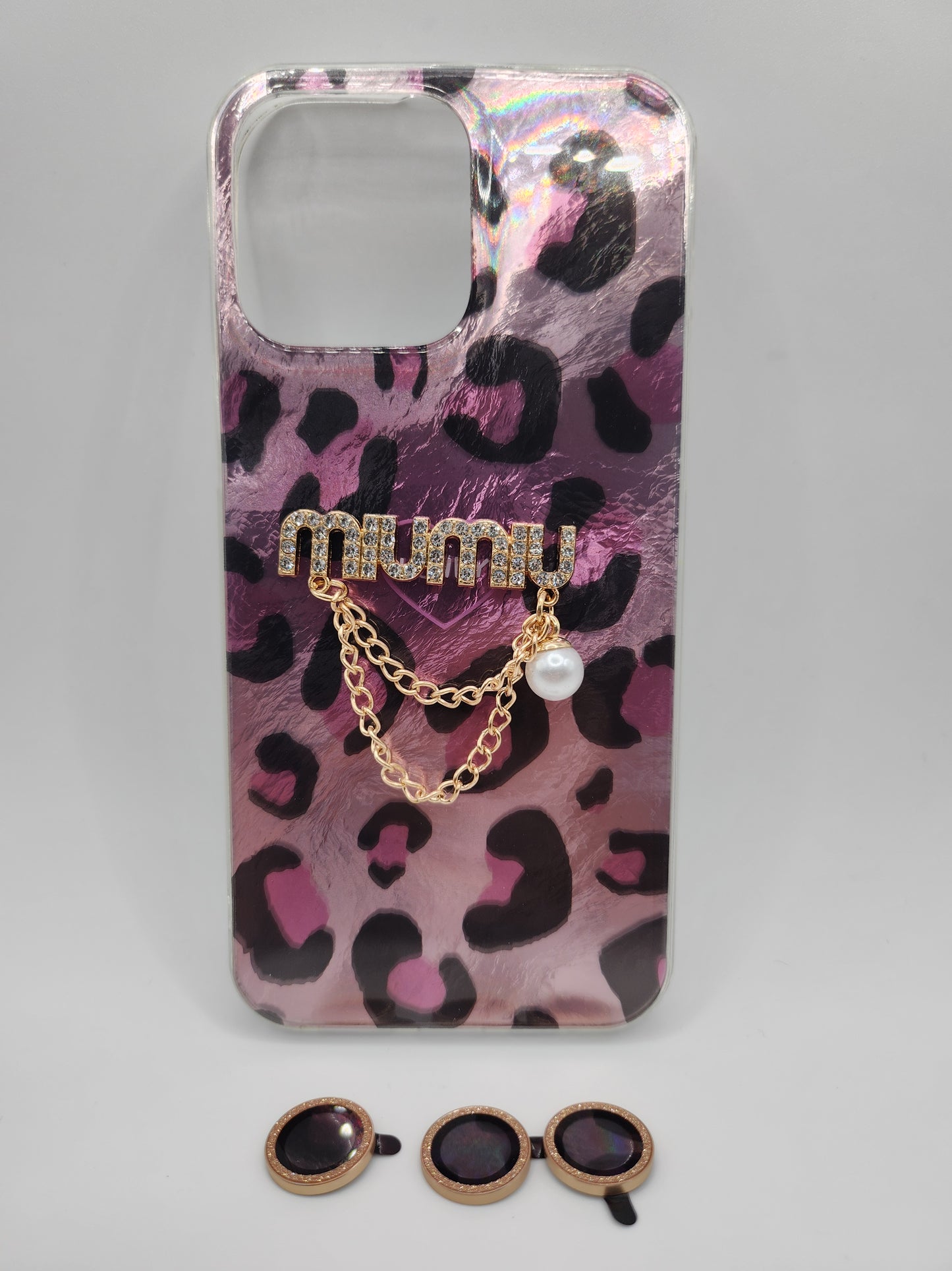 Coque Léopard Chic avec Chaîne & Perle – Protection Élégante avec Bague Caméra