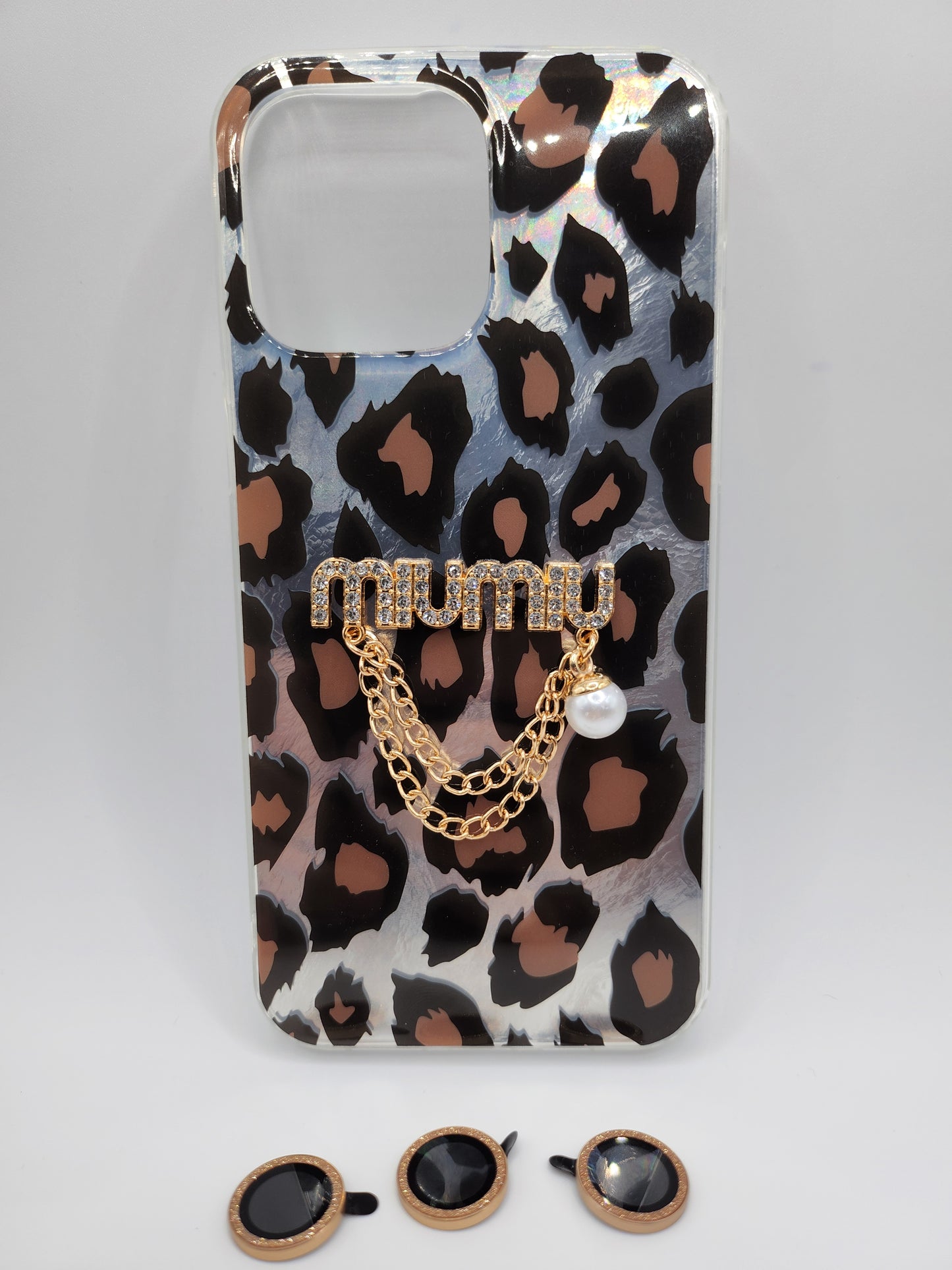 Coque Léopard Chic avec Chaîne & Perle – Protection Élégante avec Bague Caméra