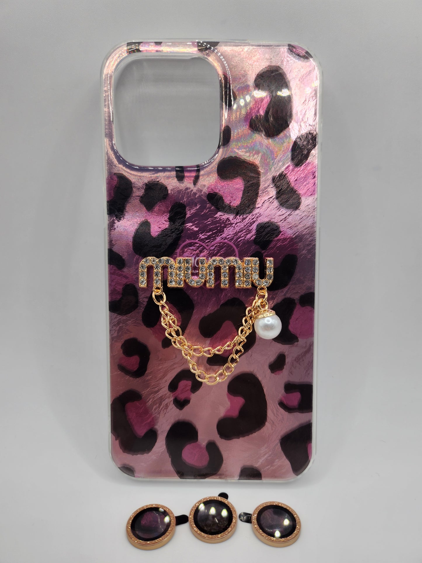 Coque Léopard Chic avec Chaîne & Perle – Protection Élégante avec Bague Caméra