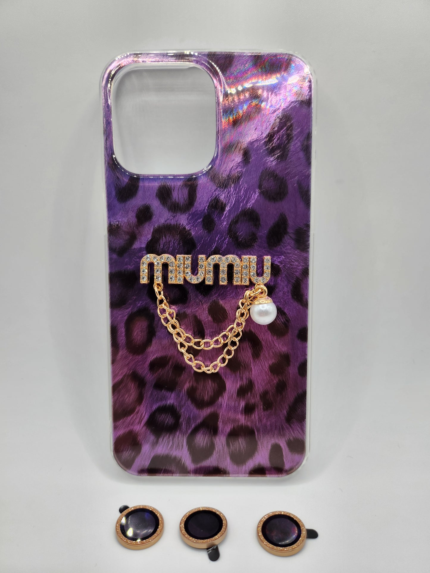 Coque Léopard Chic avec Chaîne & Perle – Protection Élégante avec Bague Caméra