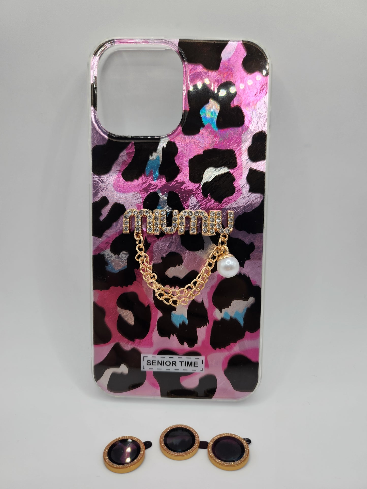 Coque Léopard Chic avec Chaîne & Perle – Protection Élégante avec Bague Caméra