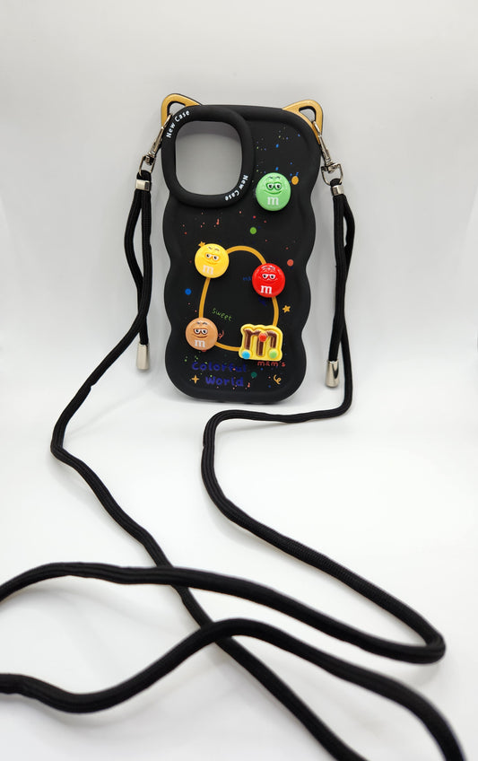 Coque M&amp;M's Colorée avec Cordon – "Colorful World" Noire