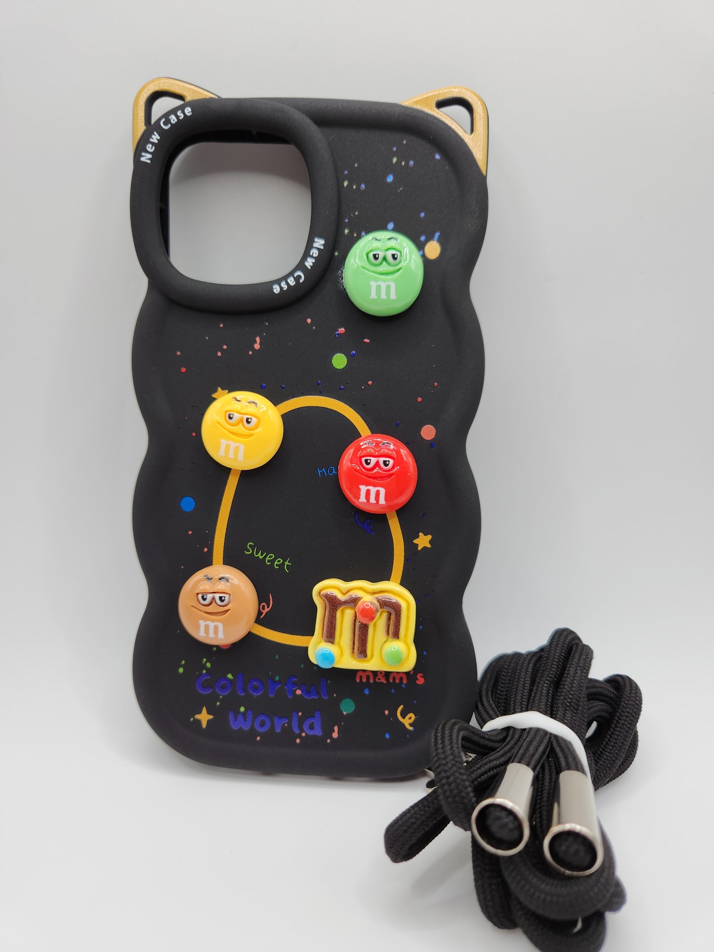 Coque M&amp;M's Colorée avec Cordon – "Colorful World" Noire