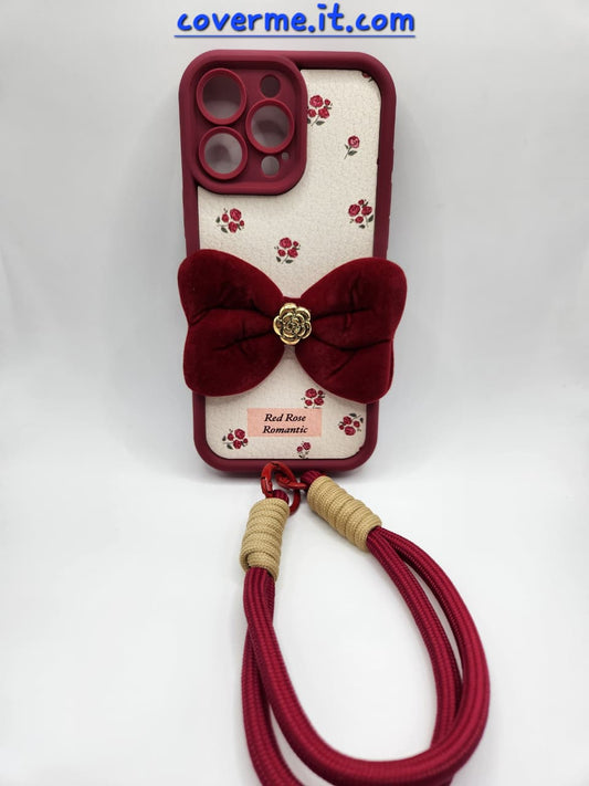 🌹Coque iPhone « Red Rose Romantic » – Élégance florale avec nœud en velours et lanière chic compatible iphone 15 pro max