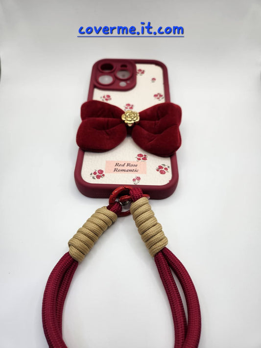 🌹Coque iPhone « Red Rose Romantic » – Élégance florale avec nœud en velours et lanière chic compatible iphone 14 pro max