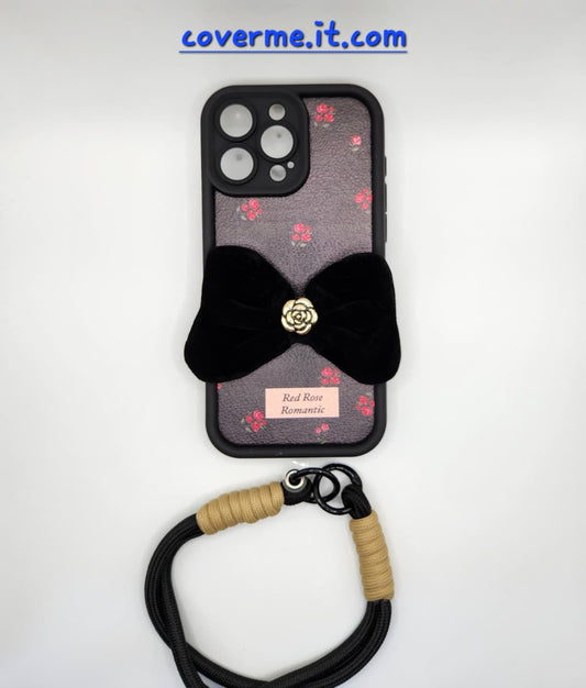 🌹Coque iPhone « Red Rose Romantic » – Élégance florale avec nœud en velours et lanière chic compatible iphone 16 pro max